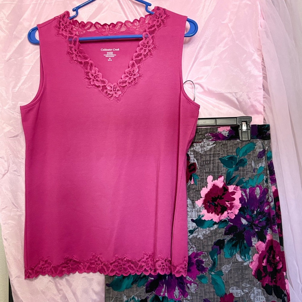 Coldwater Creek Fuchsia Lace Tank and Floral Skirt Set